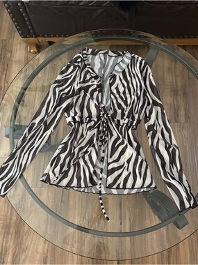 Nasty Gal Black & White Zebra Tie-Waist Sheer Blouse